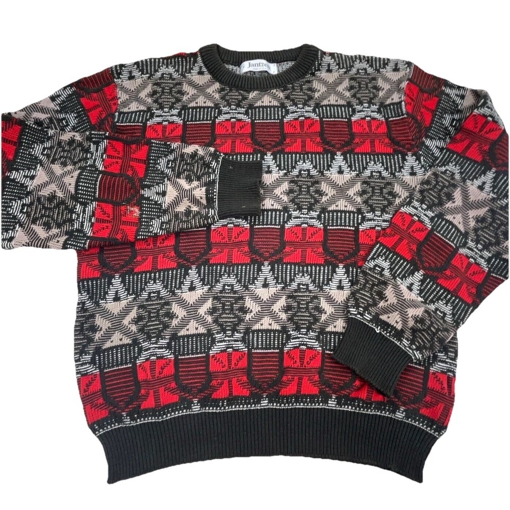 Vintage Jantzen Sweater Men Medium Red Gray Heavy Knit Grandpa Nordic Cosby 90s*